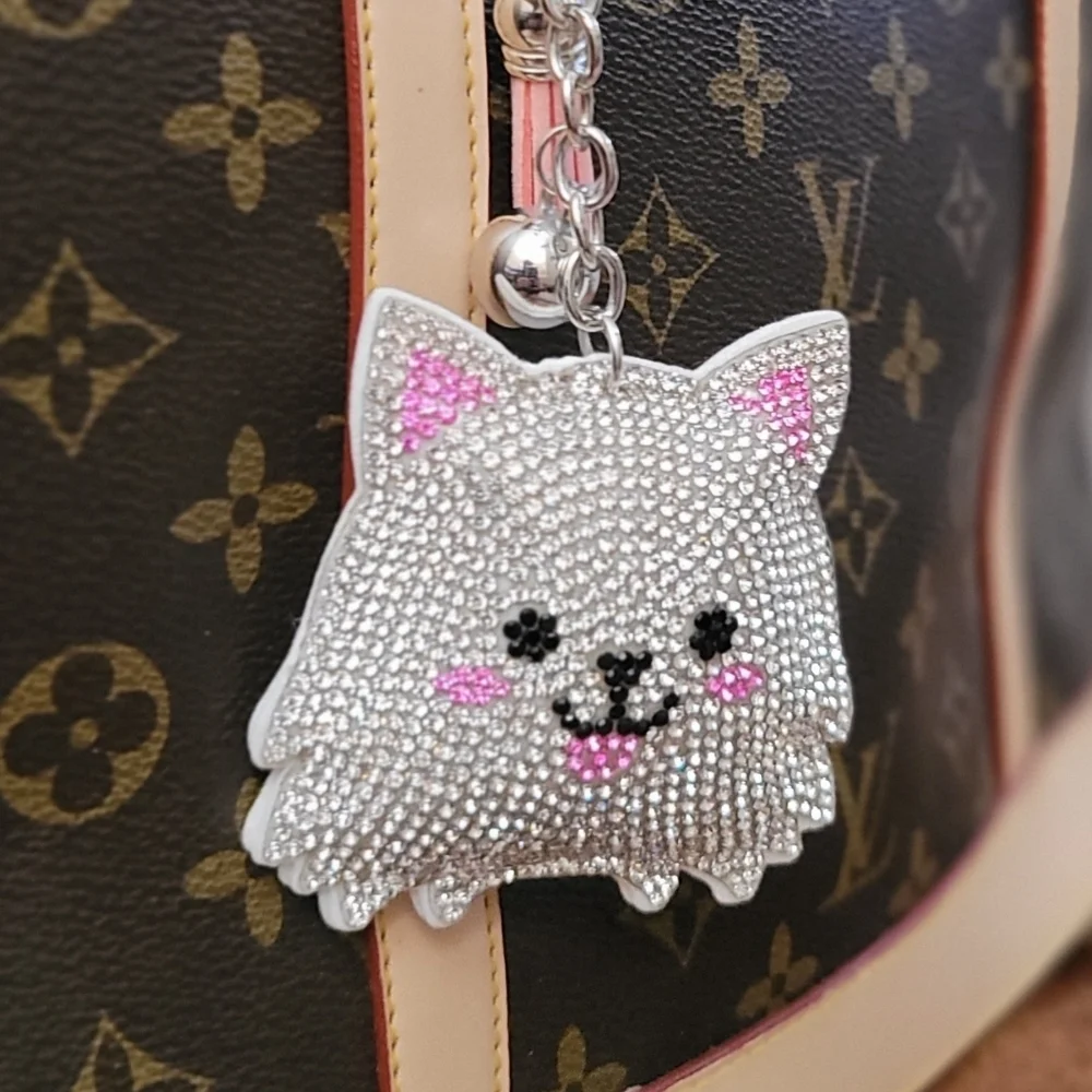 Bling Pomeranian Dog Crystal Rhinestone Keychain Bag Charm With Pink Tas…